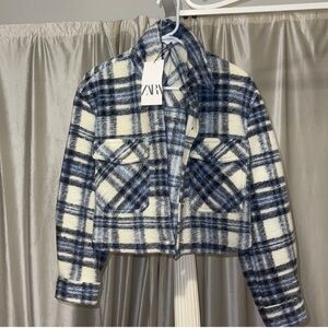 Zara Navy and Cream Checkered Coat